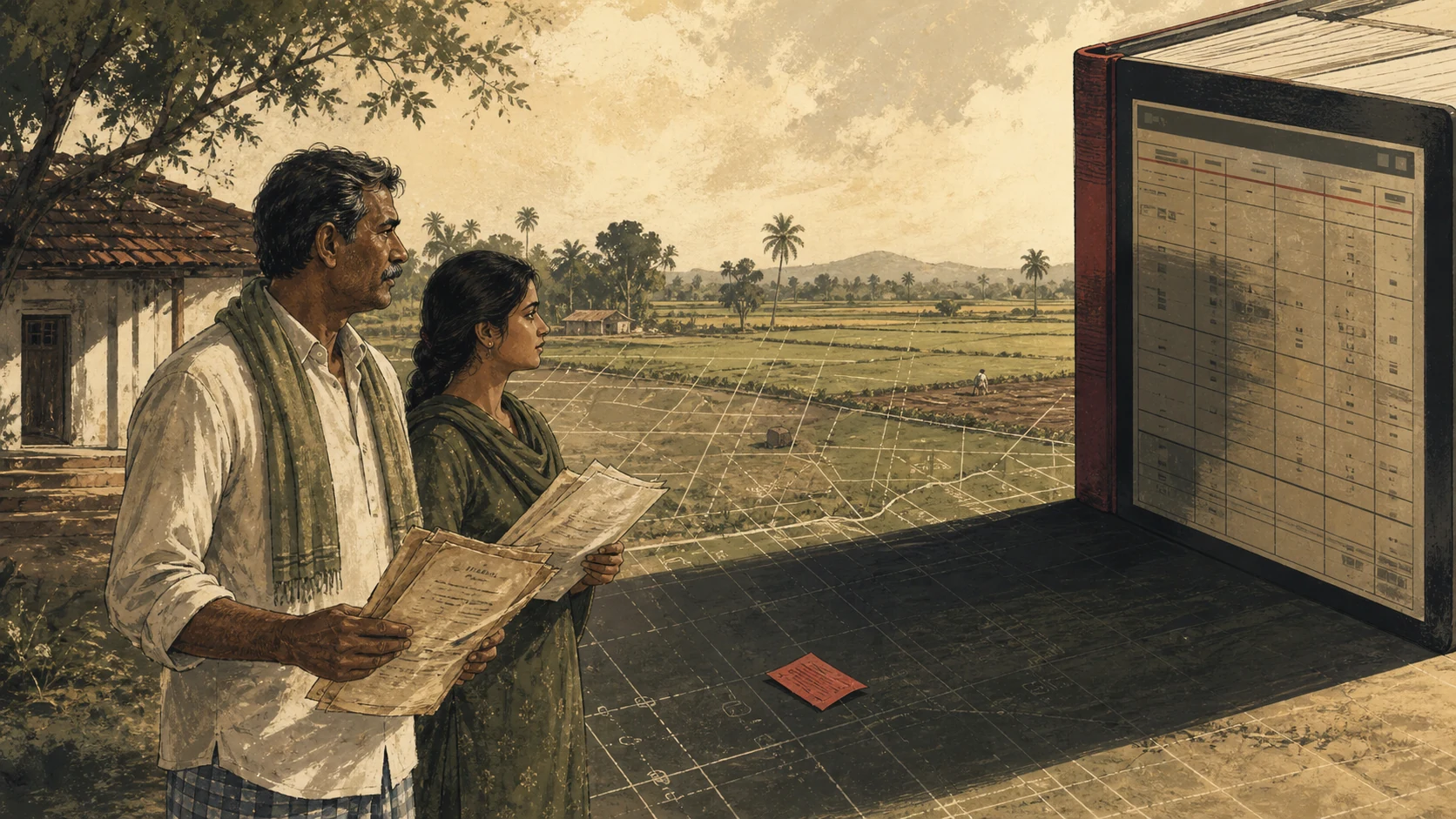 Editorial illustration of a father and daughter holding land documents as a large official register casts a shadow across their farm.